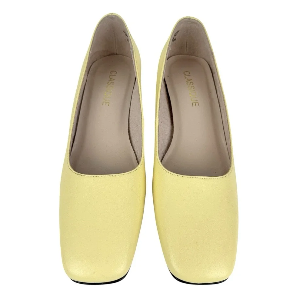 Retro Square Toe‎ Leather Heels 7.5W Pastel Yellow Block Heel 60's Mod Office